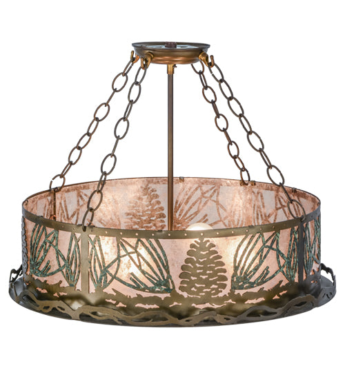 Meyda Lighting Mountain Pine 22" 4-Light Antique Copper & Green Needles Semi-flush Mount Ceiling Light With Silver Mica Shade Glass