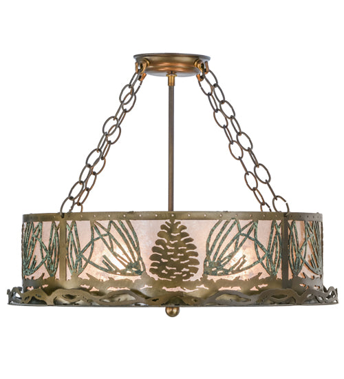 Meyda Lighting Mountain Pine 22" 4-Light Antique Copper & Green Needles Semi-flush Mount Ceiling Light With Silver Mica Shade Glass