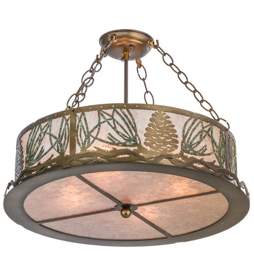 Meyda Lighting Mountain Pine 22" 4-Light Antique Copper & Green Needles Semi-flush Mount Ceiling Light With Silver Mica Shade Glass