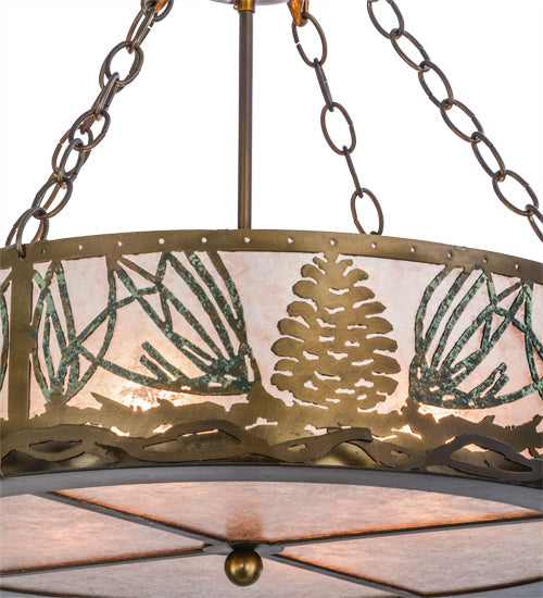 Meyda Lighting Mountain Pine 22" 4-Light Antique Copper & Green Needles Semi-flush Mount Ceiling Light With Silver Mica Shade Glass