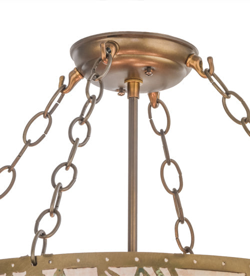Meyda Lighting Mountain Pine 22" 4-Light Antique Copper & Green Needles Semi-flush Mount Ceiling Light With Silver Mica Shade Glass