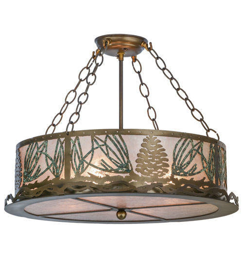 Meyda Lighting Mountain Pine 22" 4-Light Antique Copper & Green Needles Semi-flush Mount Ceiling Light With Silver Mica Shade Glass