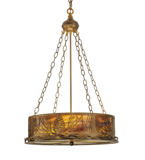 Meyda Lighting Mountain Pine 22" 4-Light Antique Copper Inverted Pendant Light With Green & Brown Shade Glass