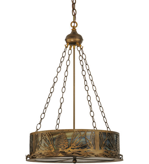 Meyda Lighting Mountain Pine 22" 4-Light Antique Copper Inverted Pendant Light With Green & Brown Shade Glass