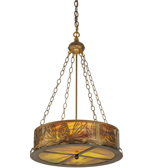 Meyda Lighting Mountain Pine 22" 4-Light Antique Copper Inverted Pendant Light With Green & Brown Shade Glass