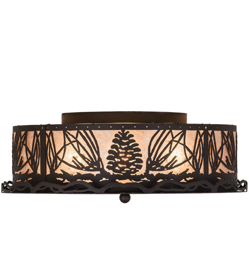 Meyda Lighting Mountain Pine 22" 4-Light Oil Rubbed Bronze Flush Mount Light With Silver Mica Shade Glass