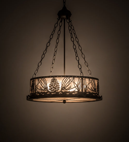 Meyda Lighting Mountain Pine 22" 4-Light Oil Rubbed Bronze Inverted Pendant Light With Silver Mica Shade Glass