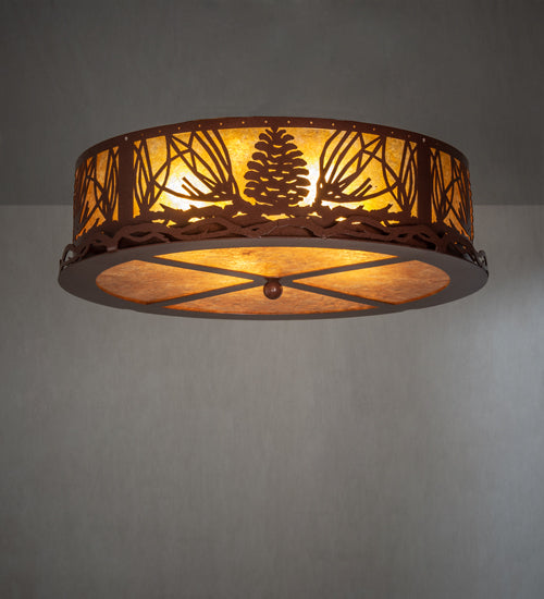 Meyda Lighting Mountain Pine 22" 4-Light Rust Flush Mount Light With Amber Mica Shade Glass