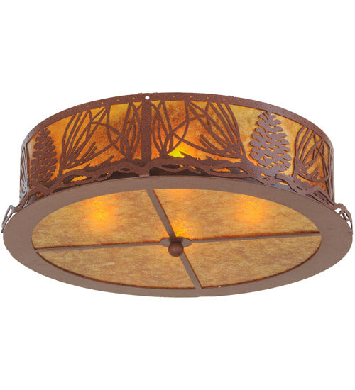 Meyda Lighting Mountain Pine 22" 4-Light Rust Flush Mount Light With Amber Mica Shade Glass