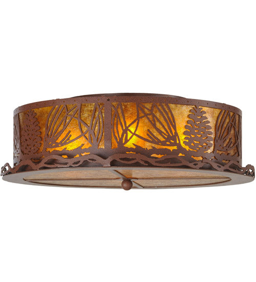 Meyda Lighting Mountain Pine 22" 4-Light Rust Flush Mount Light With Amber Mica Shade Glass