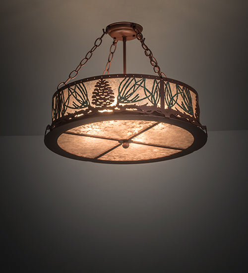 Meyda Lighting Mountain Pine 22" 4-Light Rust & Green Needles Semi-flush Mount Light With Silver Mica Shade Glass