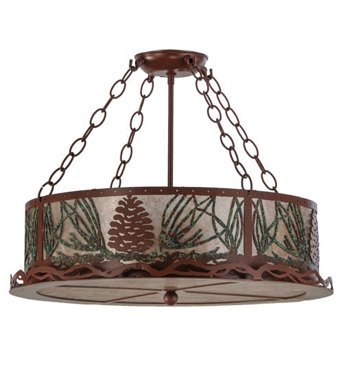 Meyda Lighting Mountain Pine 22" 4-Light Rust & Green Needles Semi-flush Mount Light With Silver Mica Shade Glass