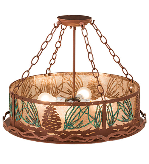 Meyda Lighting Mountain Pine 22" 4-Light Rust & Green Needles Semi-flush Mount Light With Silver Mica Shade Glass