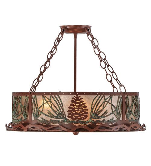 Meyda Lighting Mountain Pine 22" 4-Light Rust & Green Needles Semi-flush Mount Light With Silver Mica Shade Glass