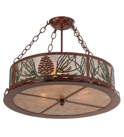 Meyda Lighting Mountain Pine 22" 4-Light Rust & Green Needles Semi-flush Mount Light With Silver Mica Shade Glass