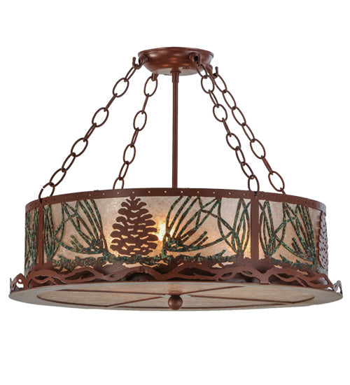 Meyda Lighting Mountain Pine 22" 4-Light Rust & Green Needles Semi-flush Mount Light With Silver Mica Shade Glass