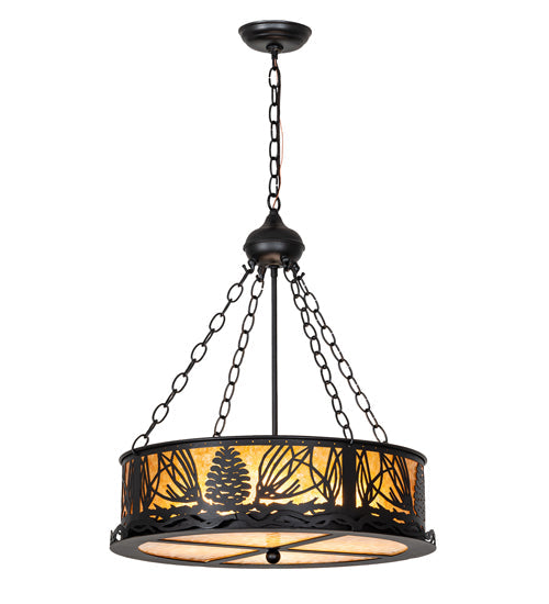 Meyda Lighting Mountain Pine 22" 4-Light Textured Black Inverted Pendant Light With Amber Mica & Beige Shade Glass