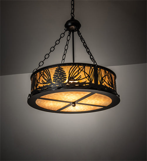 Meyda Lighting Mountain Pine 22" 4-Light Textured Black Inverted Pendant Light With Amber Mica & Beige Shade Glass