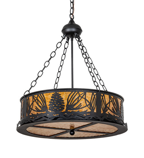 Meyda Lighting Mountain Pine 22" 4-Light Textured Black Inverted Pendant Light With Amber Mica & Beige Shade Glass