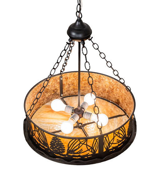 Meyda Lighting Mountain Pine 22" 4-Light Textured Black Inverted Pendant Light With Amber Mica & Beige Shade Glass