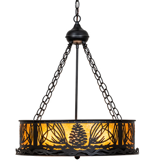 Meyda Lighting Mountain Pine 22" 4-Light Textured Black Inverted Pendant Light With Amber Mica & Beige Shade Glass