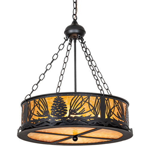 Meyda Lighting Mountain Pine 22" 4-Light Textured Black Inverted Pendant Light With Amber Mica & Beige Shade Glass