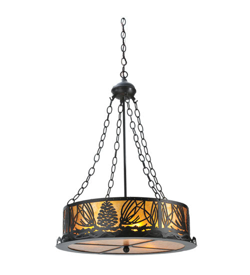 Meyda Lighting Mountain Pine 22" 4-Light Textured Black Inverted Pendant Light With Amber Mica Shade Glass