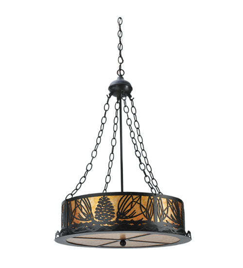 Meyda Lighting Mountain Pine 22" 4-Light Textured Black Inverted Pendant Light With Amber Mica Shade Glass