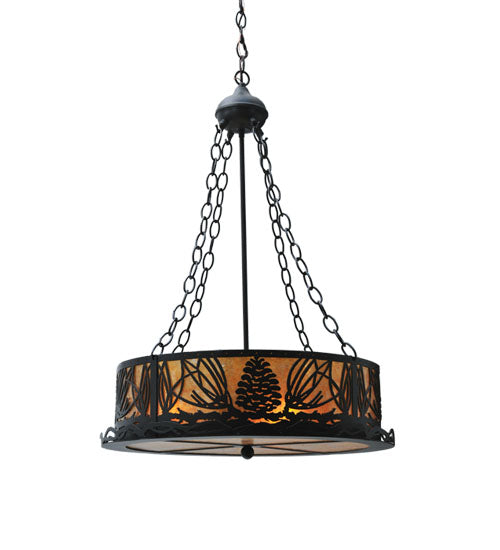 Meyda Lighting Mountain Pine 22" 4-Light Textured Black Inverted Pendant Light With Amber Mica Shade Glass