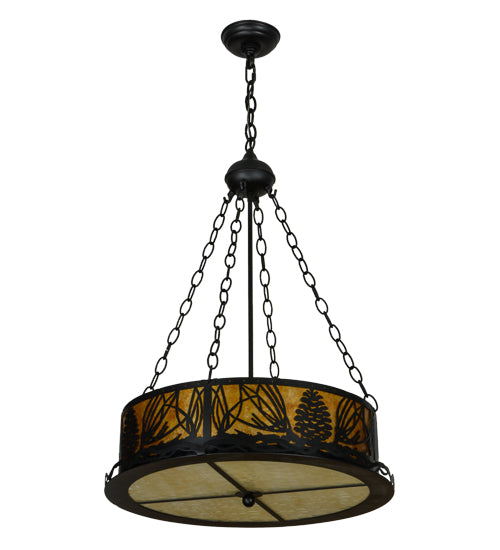 Meyda Lighting Mountain Pine 22" 4-Light Textured Black Inverted Pendant Light With Amber Mica and Beige Art Shade Glass