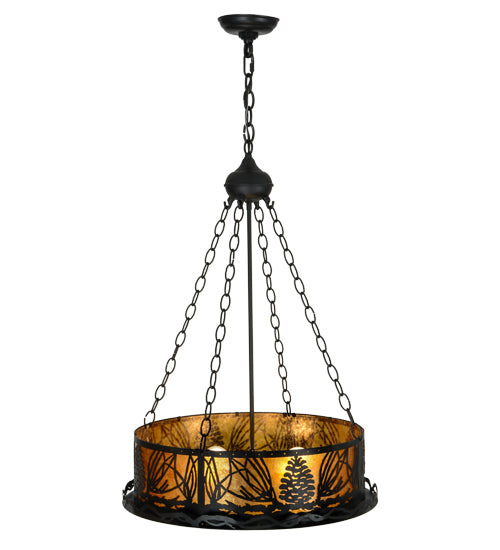 Meyda Lighting Mountain Pine 22" 4-Light Textured Black Inverted Pendant Light With Amber Mica and Beige Art Shade Glass