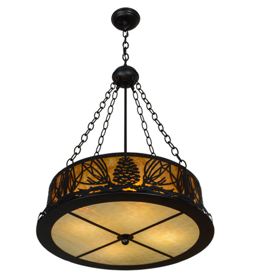 Meyda Lighting Mountain Pine 22" 4-Light Textured Black Inverted Pendant Light With Amber Mica and Beige Art Shade Glass