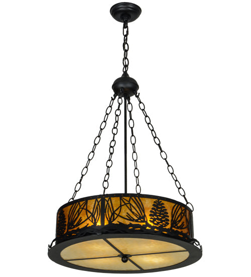 Meyda Lighting Mountain Pine 22" 4-Light Textured Black Inverted Pendant Light With Amber Mica and Beige Art Shade Glass
