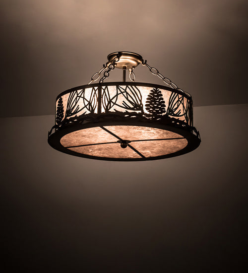 Meyda Lighting Mountain Pine 23" 4-Light Antique Copper & Green Needles Semi-flush Mount Light With Silver Mica Shade Glass