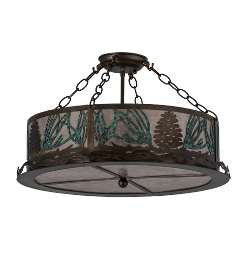 Meyda Lighting Mountain Pine 23" 4-Light Antique Copper & Green Needles Semi-flush Mount Light With Silver Mica Shade Glass