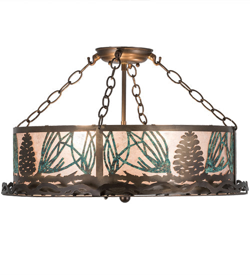 Meyda Lighting Mountain Pine 23" 4-Light Antique Copper & Green Needles Semi-flush Mount Light With Silver Mica Shade Glass