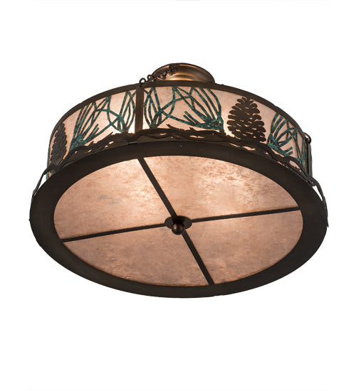 Meyda Lighting Mountain Pine 23" 4-Light Antique Copper & Green Needles Semi-flush Mount Light With Silver Mica Shade Glass