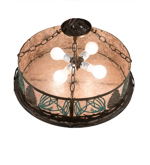 Meyda Lighting Mountain Pine 23" 4-Light Antique Copper & Green Needles Semi-flush Mount Light With Silver Mica Shade Glass