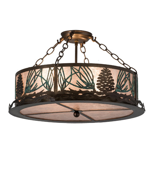 Meyda Lighting Mountain Pine 23" 4-Light Antique Copper & Green Needles Semi-flush Mount Light With Silver Mica Shade Glass