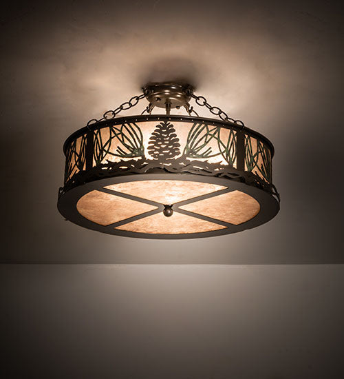 Meyda Lighting Mountain Pine 23" 4-Light Timeless Bronze Semi-flush Mount Light With Silver Mica Shade Glass