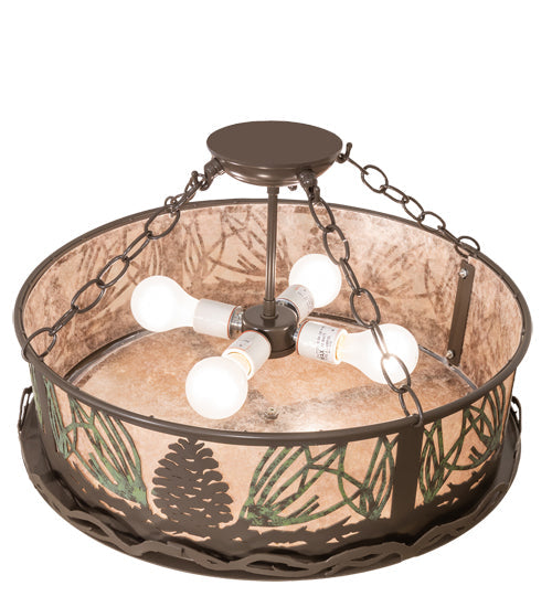 Meyda Lighting Mountain Pine 23" 4-Light Timeless Bronze Semi-flush Mount Light With Silver Mica Shade Glass