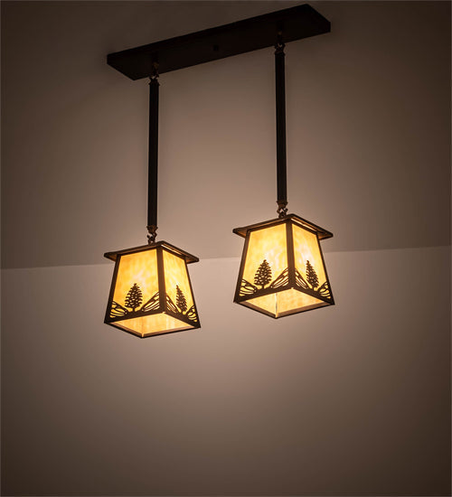 Meyda Lighting Mountain Pine 24" 2-Light Antique Copper Island Pendant Light With Beige Art Shade Glass