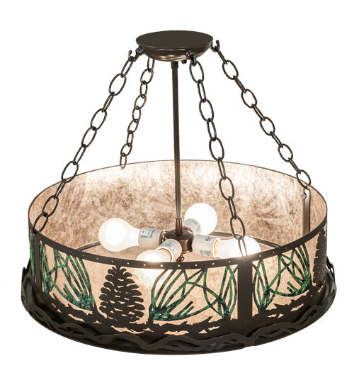 Meyda Lighting Mountain Pine 254835 22" 4-Light Timeless Bronze Semi-flush Mount Light With Silver Mica Shade Glass