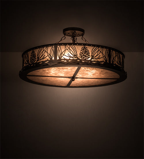 Meyda Lighting Mountain Pine 30" 8-Light Mahogany Bronze Flush Mount Light With Silver Mica Shade Glass
