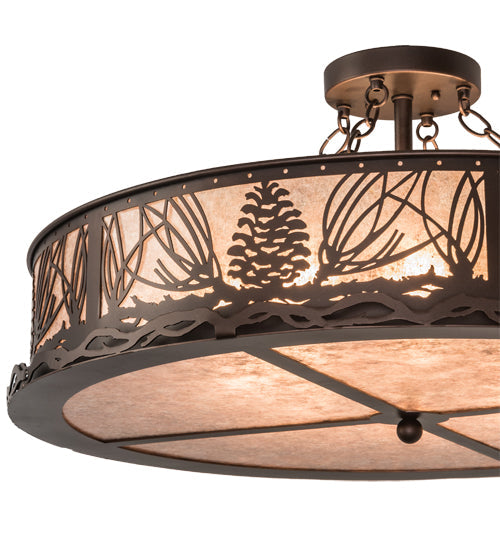 Meyda Lighting Mountain Pine 30" 8-Light Mahogany Bronze Flush Mount Light With Silver Mica Shade Glass