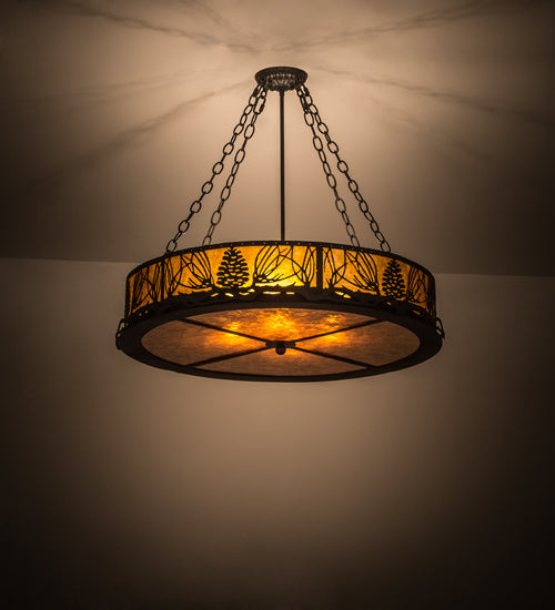 Meyda Lighting Mountain Pine 30" 8-Light Textured Black Semi-flush Mount Light With Amber Mica Shade Glass