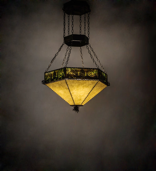 Meyda Lighting Mountain Pine 33" 4-Light Antique Copper Inverted Pendant Light With Green & Beige Shade