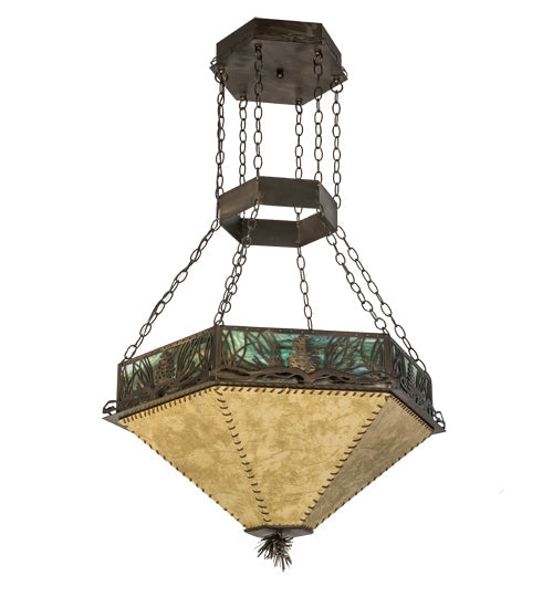 Meyda Lighting Mountain Pine 33" 4-Light Antique Copper Inverted Pendant Light With Green & Beige Shade