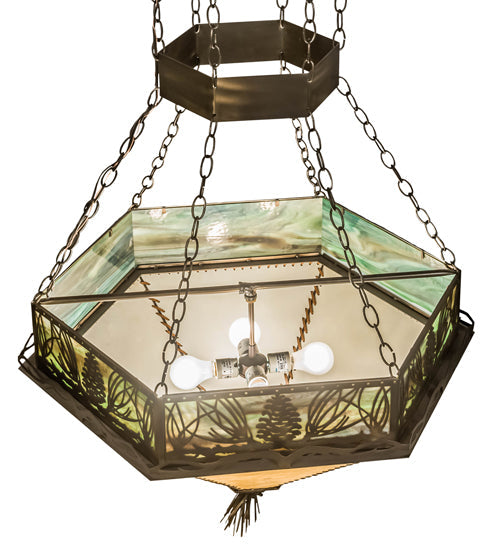 Meyda Lighting Mountain Pine 33" 4-Light Antique Copper Inverted Pendant Light With Green & Beige Shade