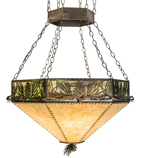 Meyda Lighting Mountain Pine 33" 4-Light Antique Copper Inverted Pendant Light With Green & Beige Shade